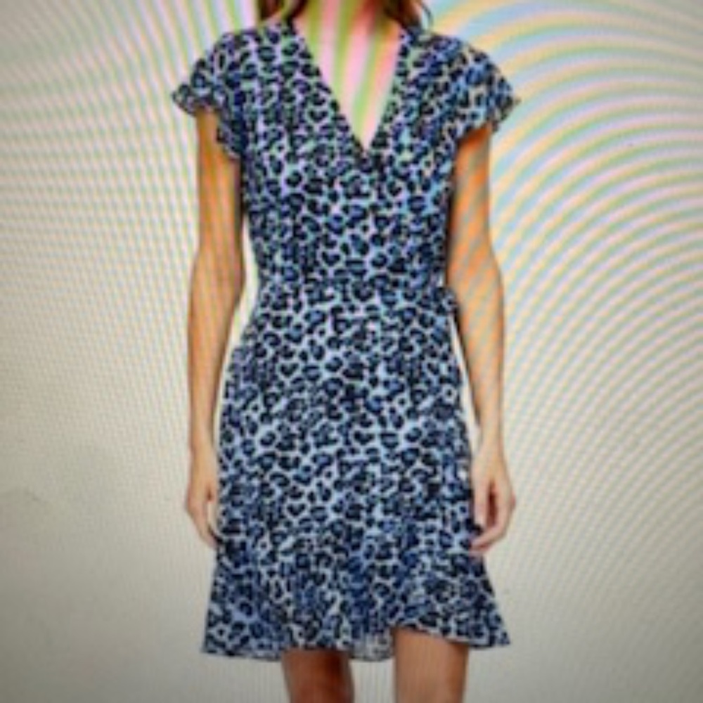 WORN ONCE! Banana Republic Faux-Wrap Dress Blue Leopard Print- 8 TALL
